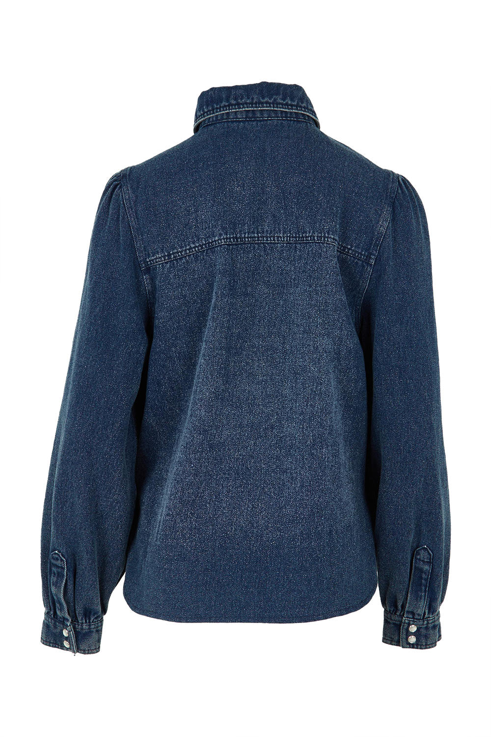 Product shot of the Denim Daze Billow Sleeve Shirt in colour Denim (Blue), from the back