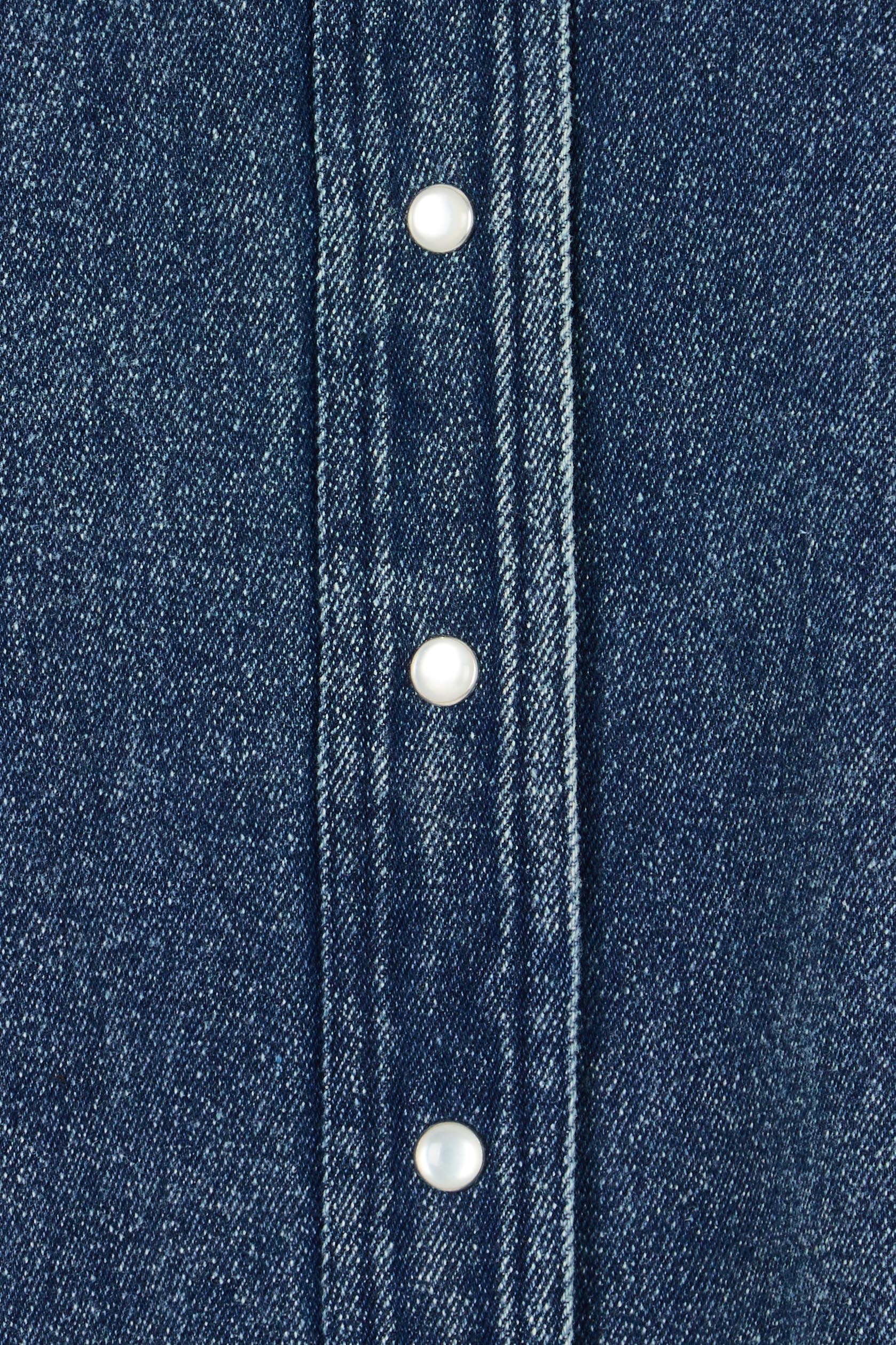 Product shot of the Denim Daze Billow Sleeve Shirt in colour Denim (Blue), detail