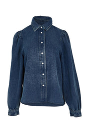 Product shot of the Denim Daze Billow Sleeve Shirt in colour Denim (Blue), from the front