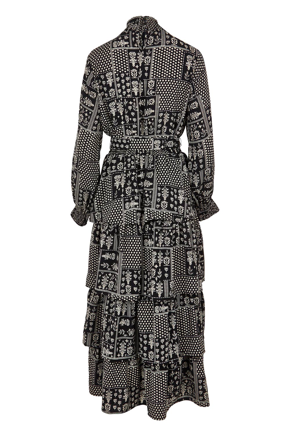 Product shot of the Wonderland Tiered Dress in colour Blackwhite (Black), from the back