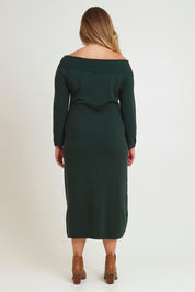 Model Chanel wearing size XL of the Winter Sun Off Shoulder Knit Dress in colour Forest (Green), from the back