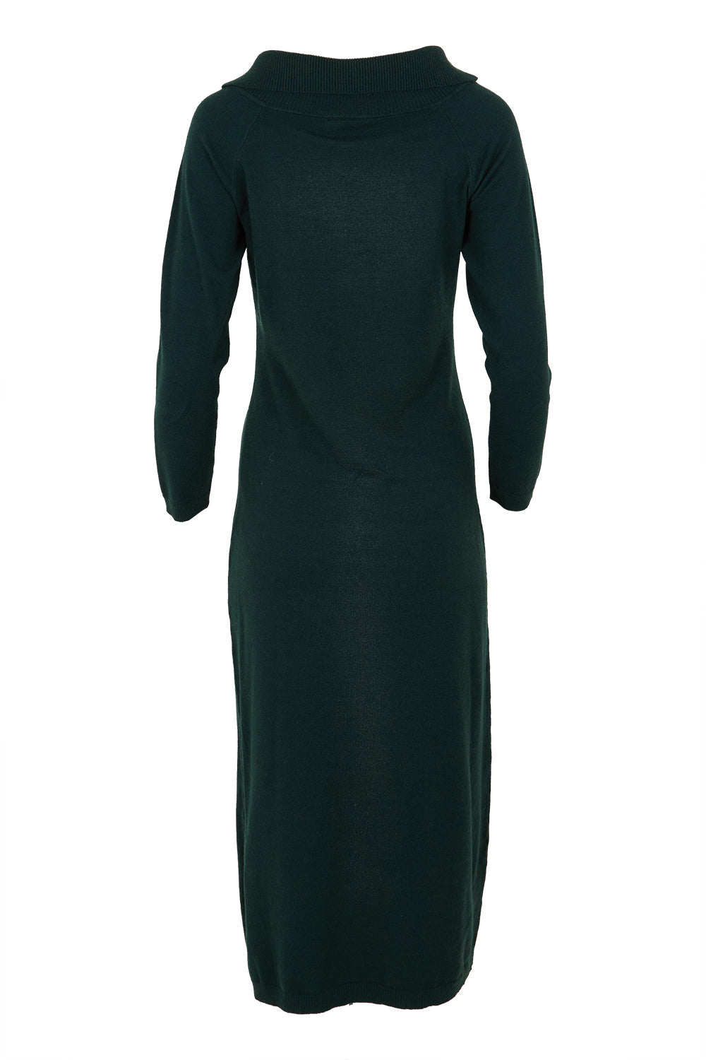 Product shot of the Winter Sun Off Shoulder Knit Dress in colour Forest (Green), from the back