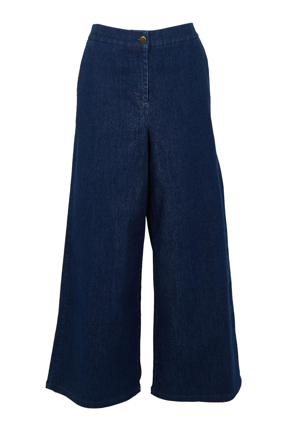 Product shot of the Walk This Way Wide Leg Jeans in colour Denim (Blue), from the front