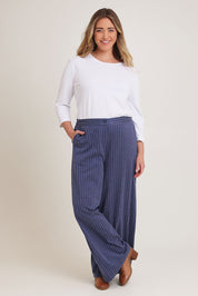 Model Chanel wearing size 16 of the Walk This Way Wide Leg Pants in colour Bluestripe (Blue), from the front, showing the whole outfit