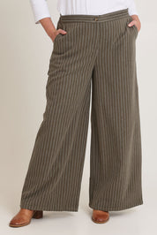 Model Chanel wearing size 16 of the Walk This Way Wide Leg Pants in colour Chocstripe, from the front, cropped image