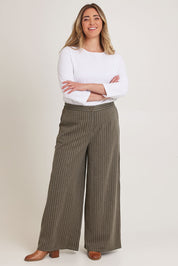 Model Chanel wearing size 16 of the Walk This Way Wide Leg Pants in colour Chocstripe, from the front, showing the whole outfit