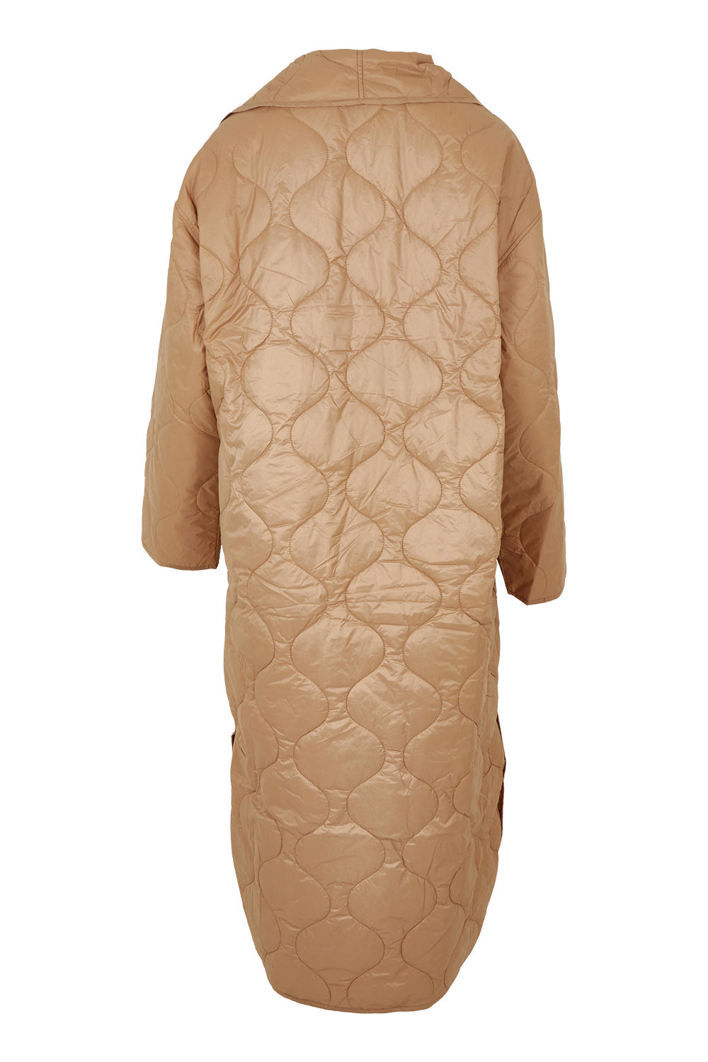 Product shot of the Heart Warming Oversized Quilted Jacket in colour Earth, from the back