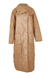 Product shot of the Heart Warming Oversized Quilted Jacket in colour Earth, from the front