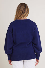 Model Chanel wearing size XL of the Cozy As A Cloud Balloon Sleeve Jumper in colour Royal (Blue), from the back
