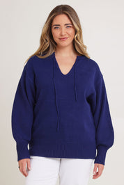 Model Chanel wearing size XL of the Cozy As A Cloud Balloon Sleeve Jumper in colour Royal (Blue), from the front, cropped image