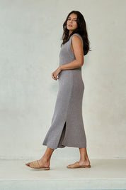 Model Tahnee wearing size S of the Cool Comfort Knit Maxi Dress in colour Earth, from the front, showing the whole outfit