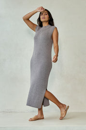 Model Tahnee wearing size S of the Cool Comfort Knit Maxi Dress in colour Earth, from the front, showing the whole outfit