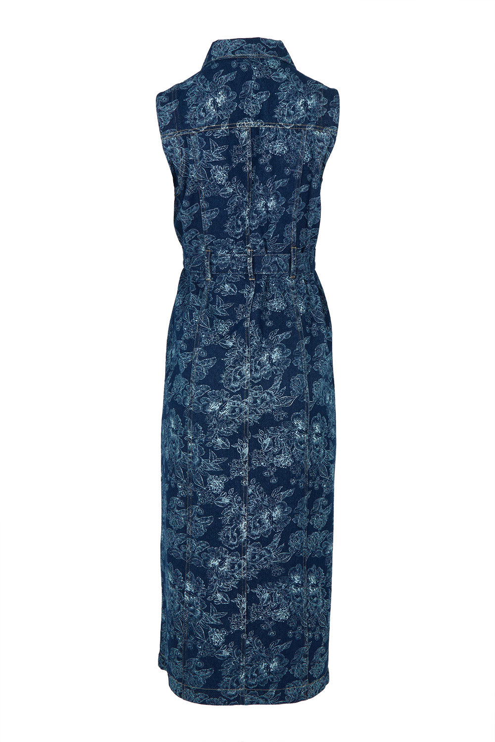 Product shot of the Say It With Flowers Button Through Denim Dress in colour Denim (Blue), from the back