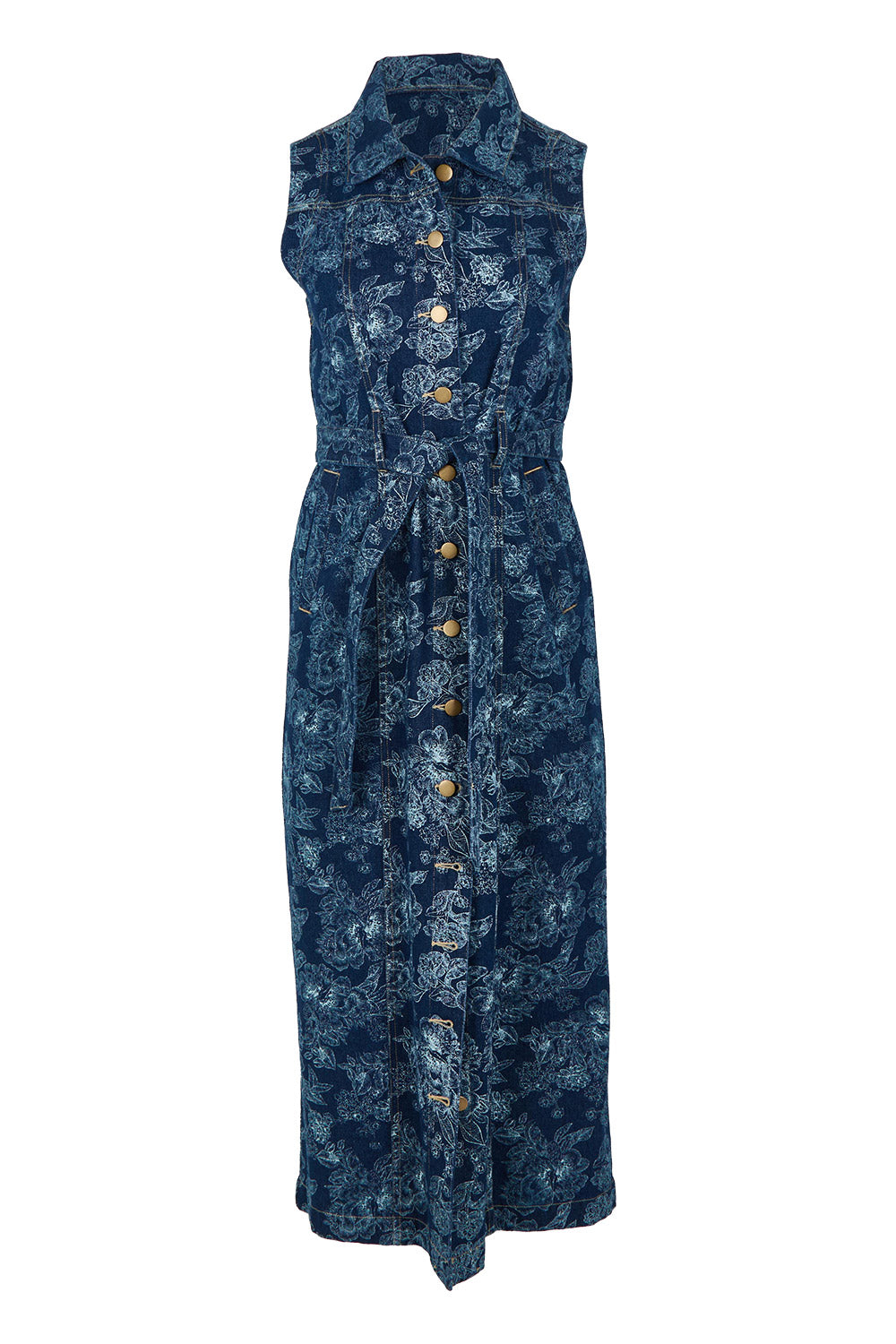 Product shot of the Say It With Flowers Button Through Denim Dress in colour Denim (Blue), from the front
