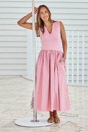 Model Tegand wearing size 10 of the Sweet Intentions V Neck Maxi Dress – Petal in colour Petal, from the front
