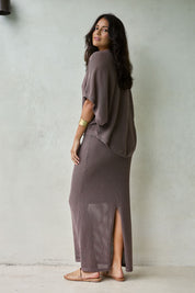 Model Tahnee wearing size S of the Summer Ready Cotton Knit Skirt in colour Pecan, from the front, showing the whole outfit