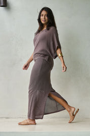 Model Tahnee wearing size S of the Summer Ready Cotton Knit Skirt in colour Pecan, from the front, showing the whole outfit