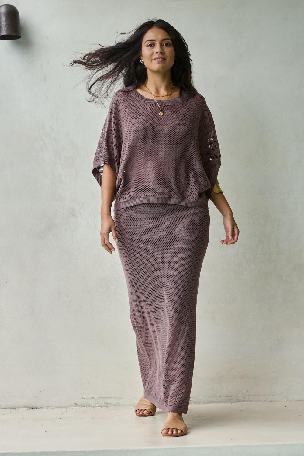 Model Tahneei wearing size 10 of the Summer Ready Cotton Knit Skirt - Pecan in colour Pecan, from the front