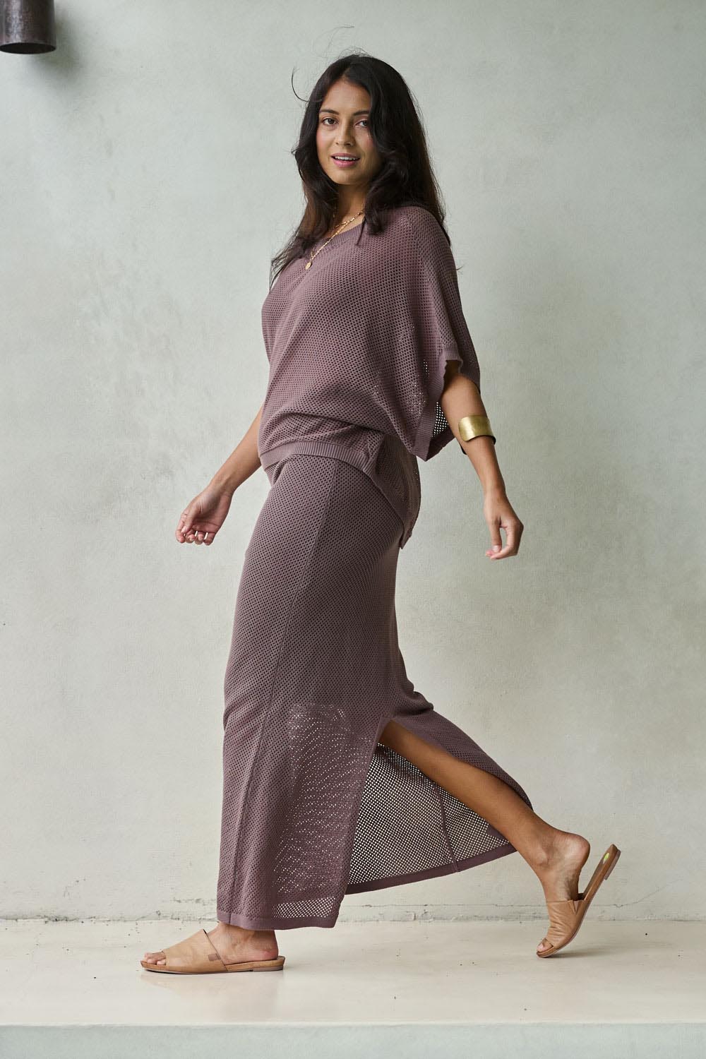 Model Tahneei wearing size 10 of the Summer Ready Cotton Knit Skirt - Pecan in colour Pecan, from the front