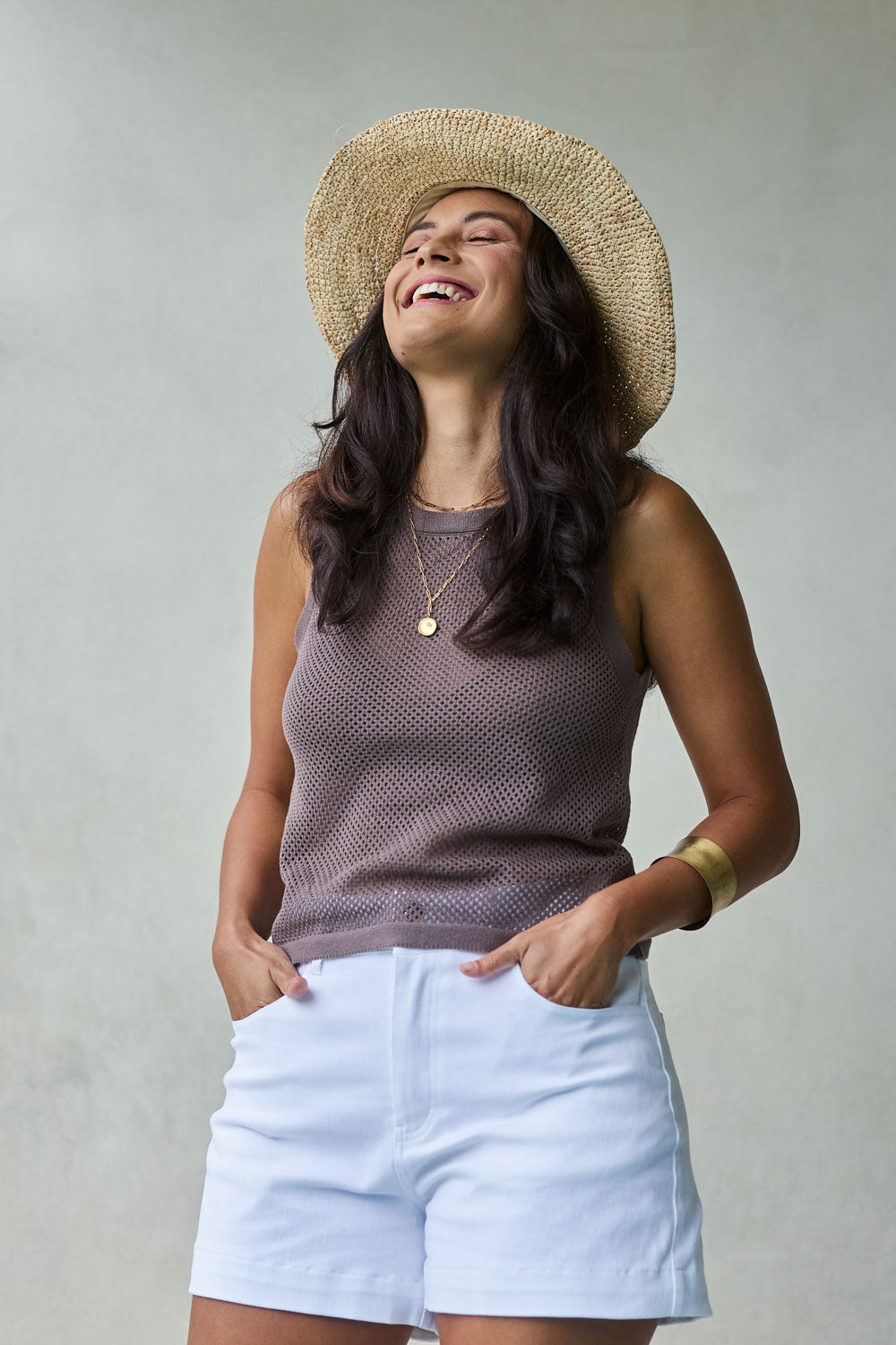 Model Tahnee wearing size S of the Summer Ready Cotton Knit Tank in colour Pecan, from the front, showing the whole outfit