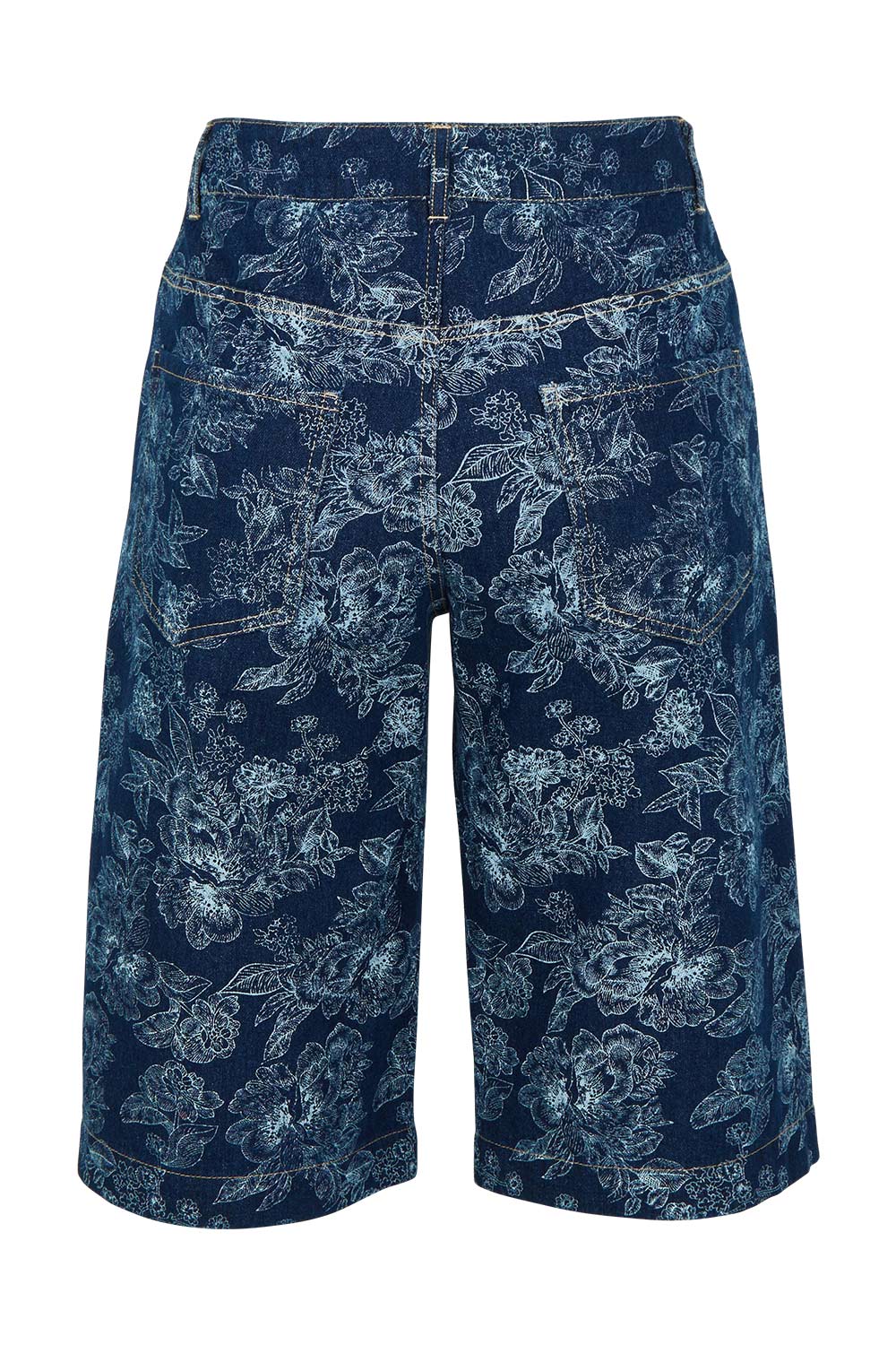 Product shot of the Say It With Flowers Longline Denim Shorts in colour Denim (Blue), from the back