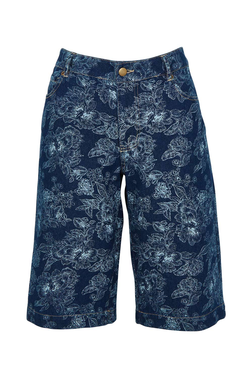 Product shot of the Say It With Flowers Longline Denim Shorts in colour Denim (Blue), from the front