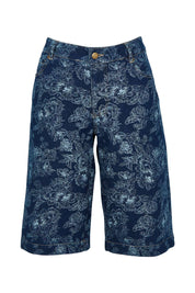 Product shot of the Say It With Flowers Longline Denim Shorts in colour Denim (Blue), from the front