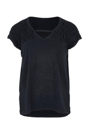Product shot of the Relax Ruched Shoulder Tee in colour Washedblk (Black), from the front