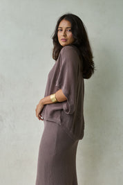 Model Tahnee wearing size S of the Summer Ready Cotton Throw Sweater in colour Pecan, from the front, showing the whole outfit