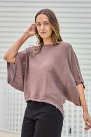 Model Tegand wearing size 10 of the Summer Ready Cotton Throw Sweater – Pecan in colour Pecan, in a cropped view