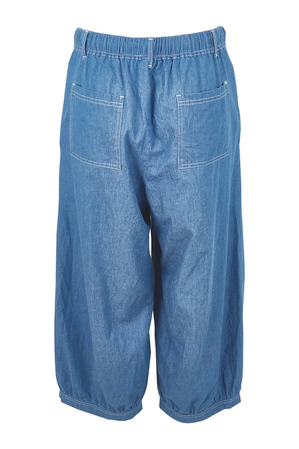 Product shot of the Summer Daze Denim Pull On 3/4 Pant in colour Denim (Blue), from the back
