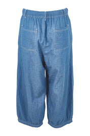 Product shot of the Summer Daze Denim Pull On 3/4 Pant in colour Denim (Blue), from the back