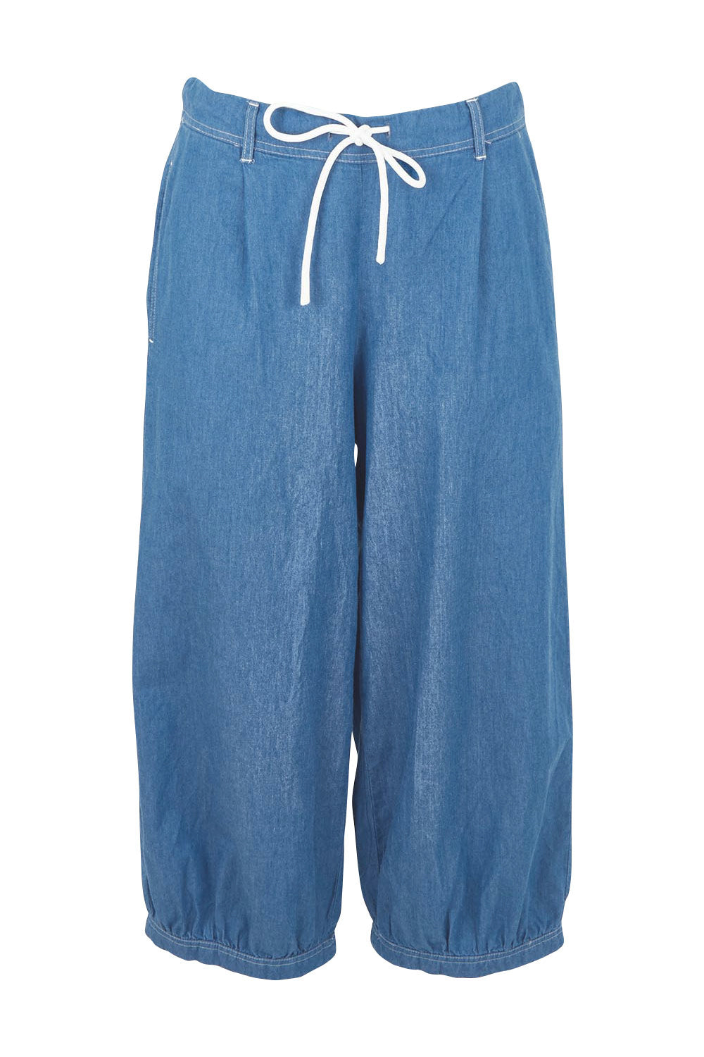 Product shot of the Summer Daze Denim Pull On 3/4 Pant in colour Denim (Blue), from the front