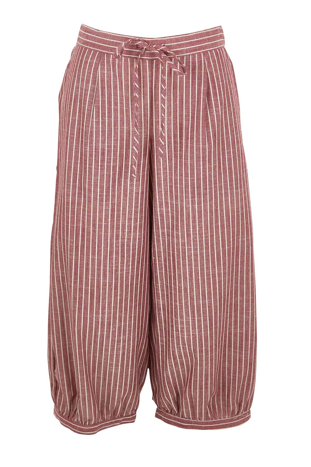 Product shot of the Summer Daze Striped Pull On 3/4 Pant – Plum in colour Plum, from the front