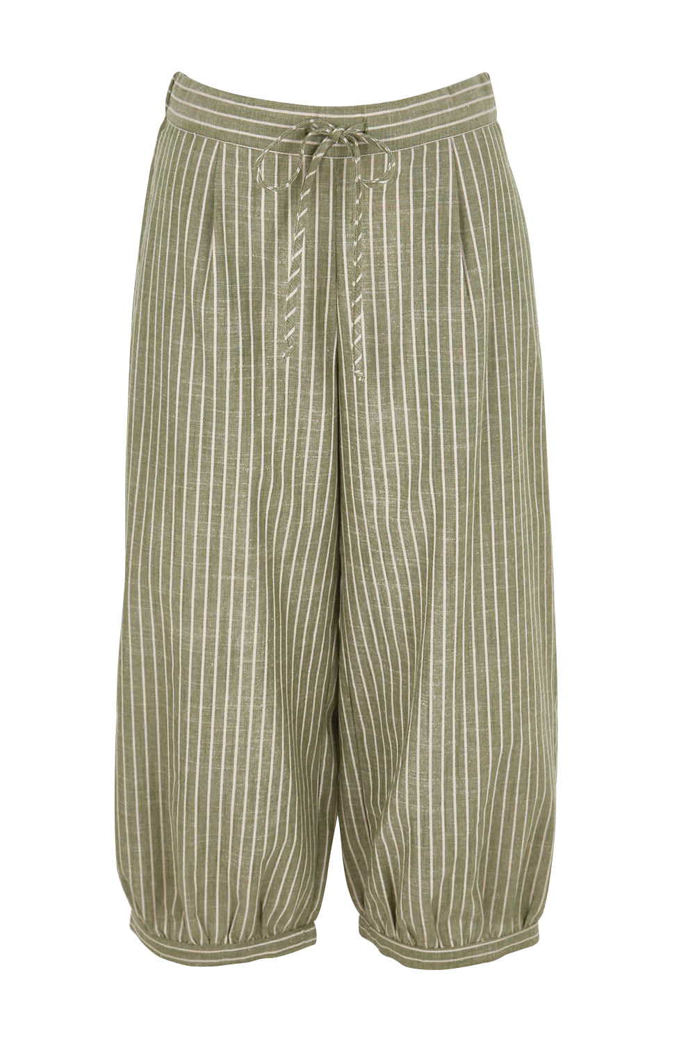 Product shot of the Summer Daze Striped Pull On 3/4 Pant – Sage in colour Sage, from the front