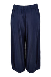Product shot of the Summer Daze Linen Blend Pull On 3/4 Pant in colour Navy (Blue), from the back