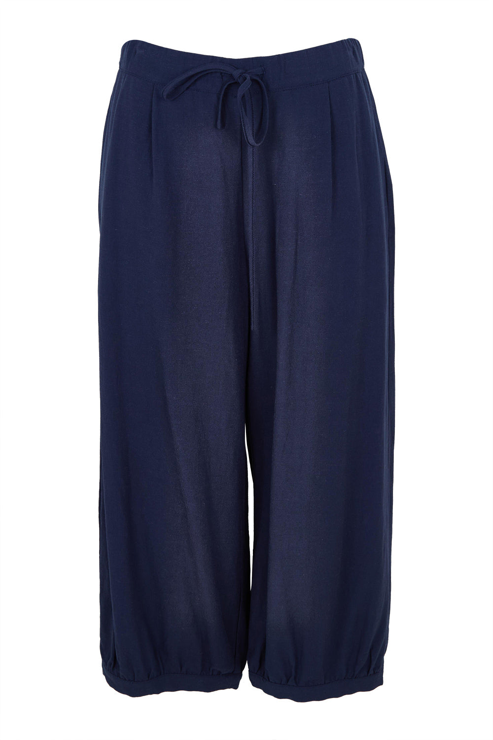 Product shot of the Summer Daze Linen Blend Pull On 3/4 Pant in colour Navy (Blue), from the front
