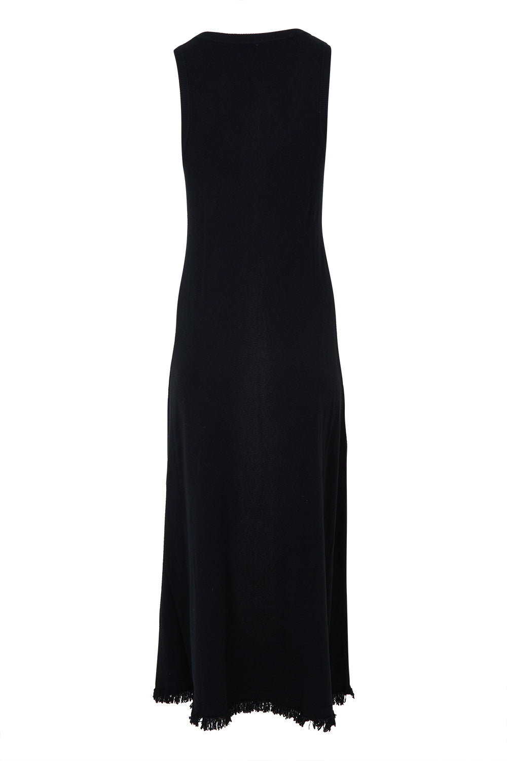 Product shot of the Feeling Mighty Fine Fringe Hem Knit Maxi Dress in colour Black (Black), from the back