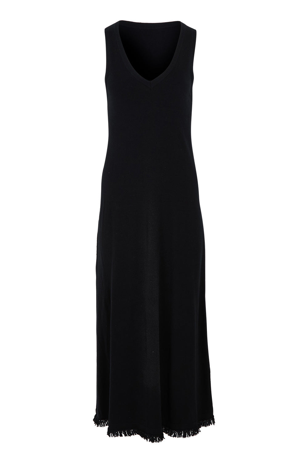 Product shot of the Feeling Mighty Fine Fringe Hem Knit Maxi Dress in colour Black (Black), from the front