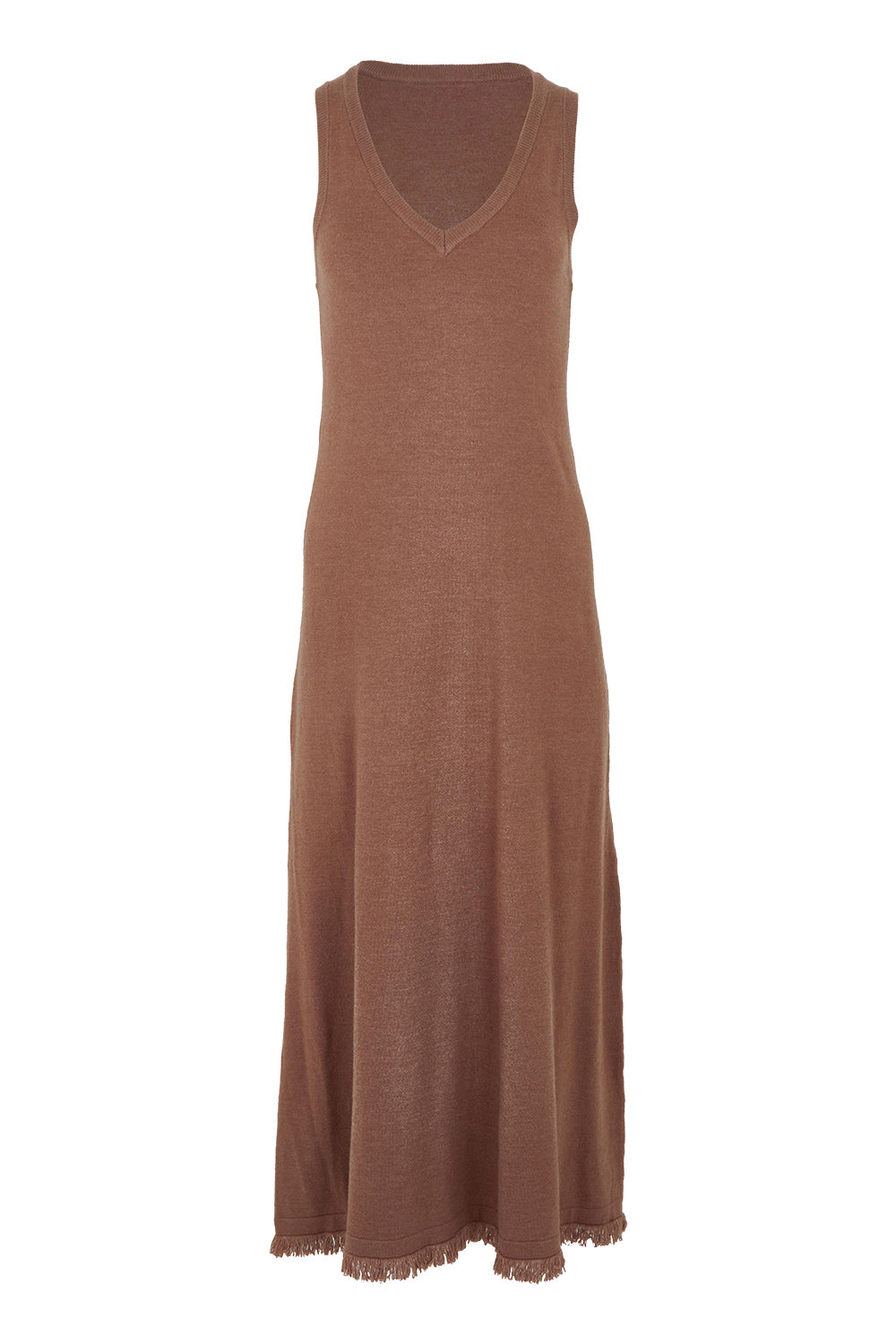 Product shot of the Feeling Mighty Fine Fringe Hem Knit Maxi Dress in colour Rosewood, from the front