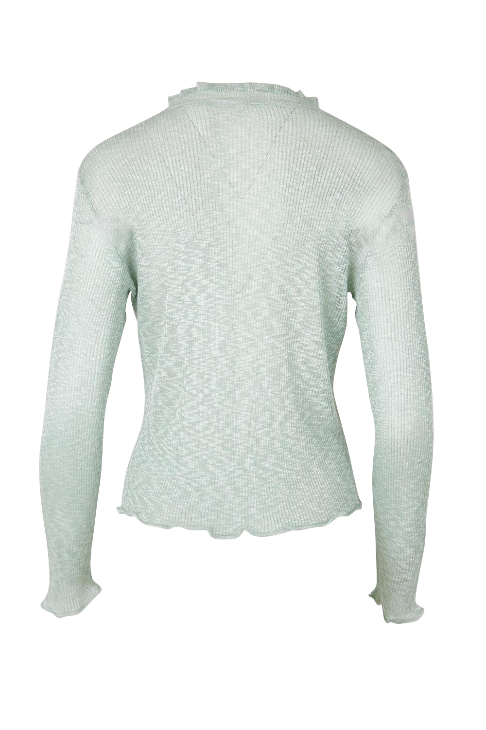 Product shot of the Super Fine Summer Ruffle Cardi – Mintmarl in colour Mintmarl, from the back