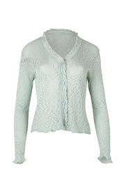 Product shot of the Super Fine Summer Ruffle Cardi – Mintmarl in colour Mintmarl, from the front