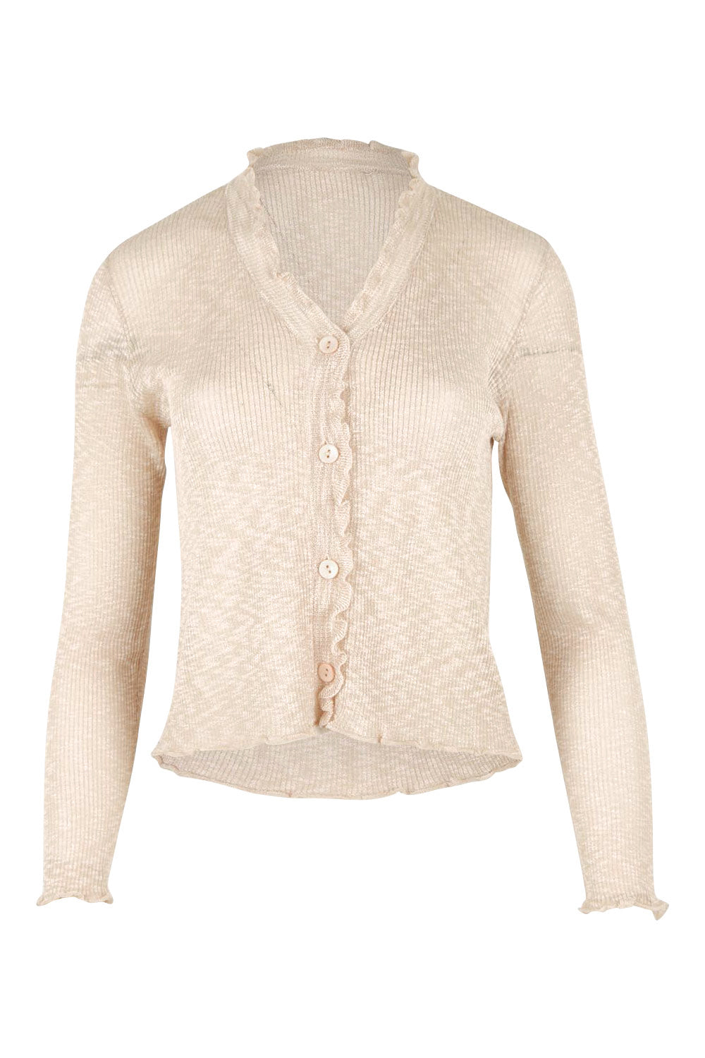 Product shot of the Super Fine Summer Ruffle Cardi in colour Natmarl, from the front
