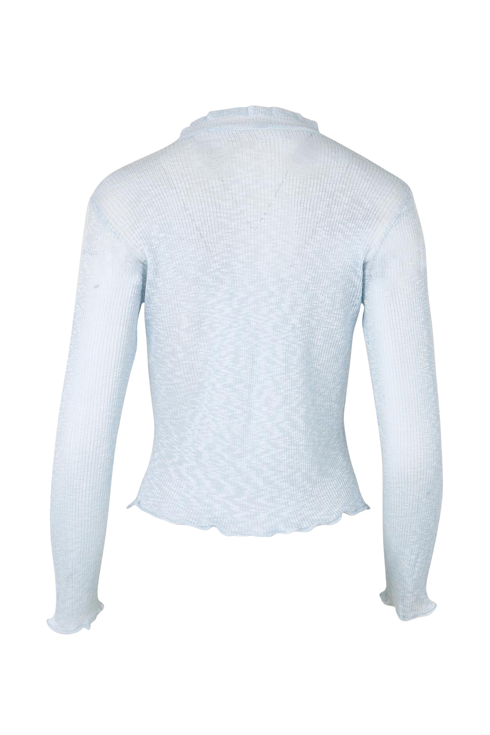 Product shot of the Super Fine Summer Ruffle Cardi – Skymarl in colour Skymarl, from the back