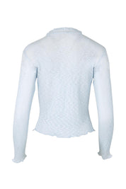 Product shot of the Super Fine Summer Ruffle Cardi – Skymarl in colour Skymarl, from the back