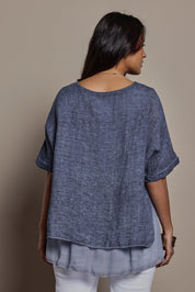Model Tahnee wearing size 10 of the Layers Of Love Linen Overlay Top in colour Denim (Blue), from the back