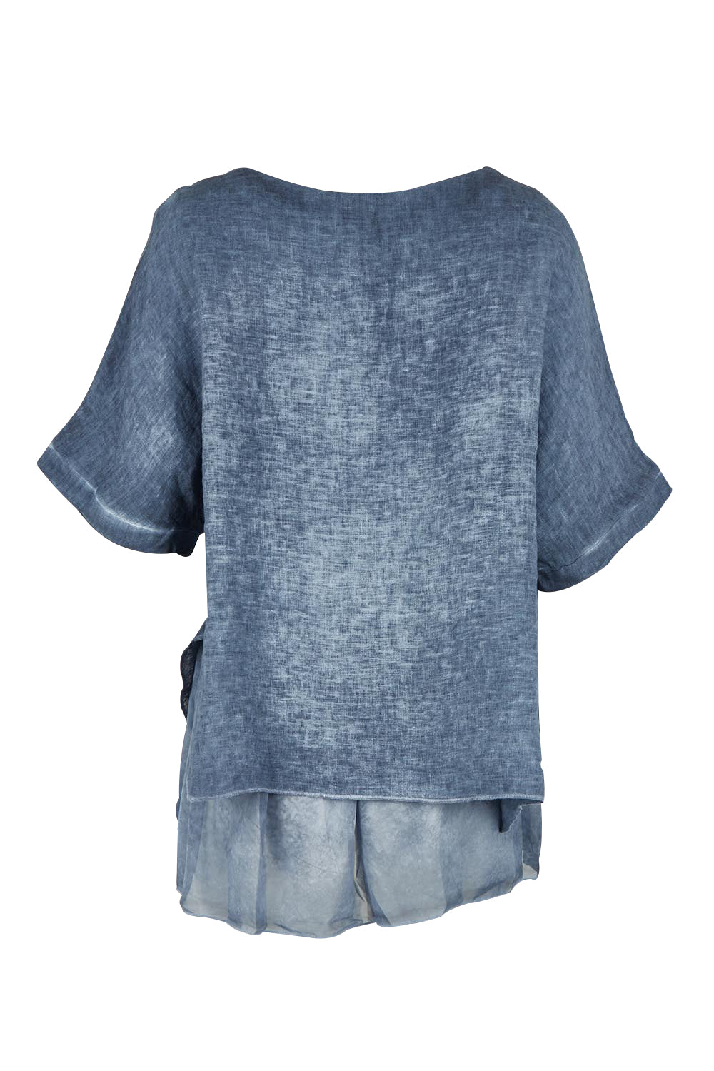 Product shot of the Layers Of Love Linen Overlay Top in colour Denim (Blue), from the back