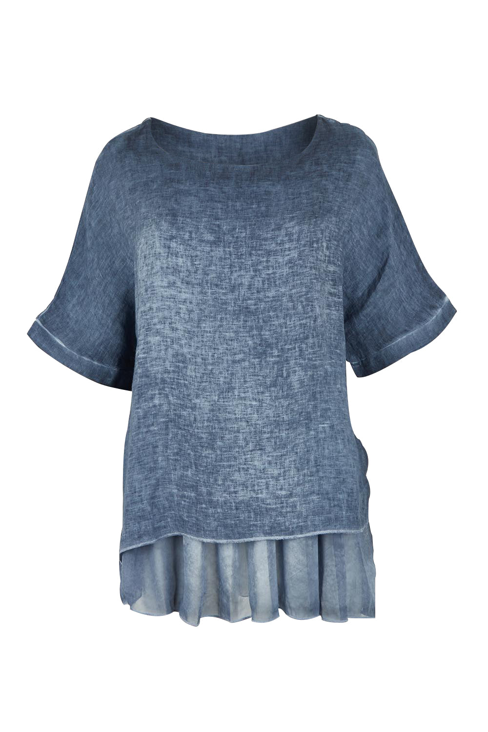 Product shot of the Layers Of Love Linen Overlay Top in colour Denim (Blue), from the front