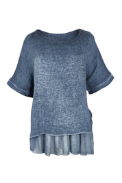 Product shot of the Layers Of Love Linen Overlay Top in colour Denim (Blue), from the front
