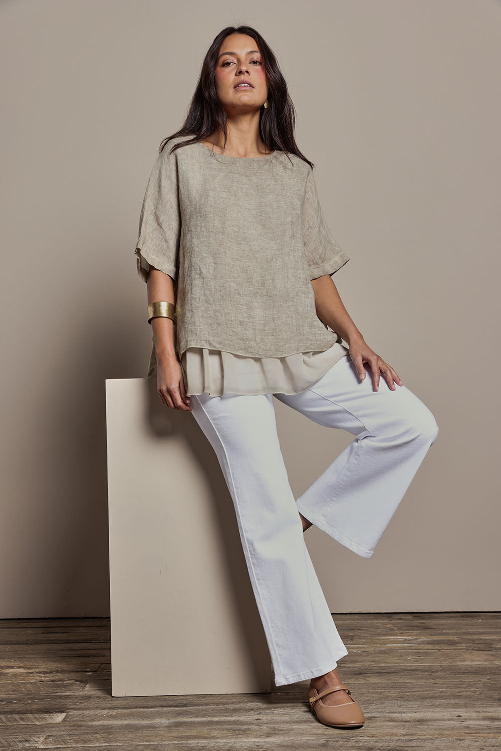 Model Tahnee wearing size 10 of the Layers Of Love Linen Overlay Top in colour Mocha, from the front, showing the whole outfit